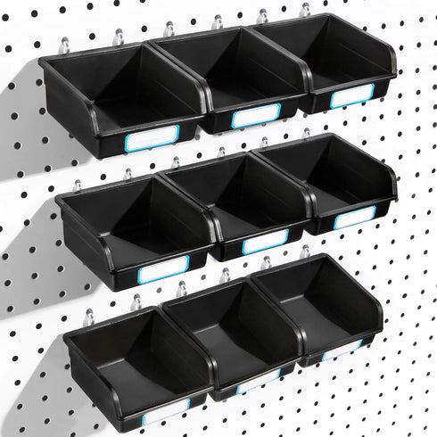 Pegboard Bins with Hooks and Labels - 10 Packs for Organizing Accessories, Black