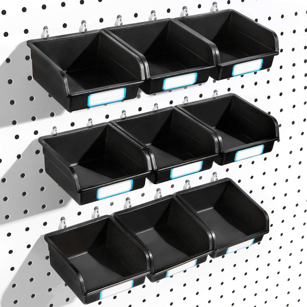 Pegboard Bins with Hooks and Labels - 10 Packs for Organizing Accessories, Black