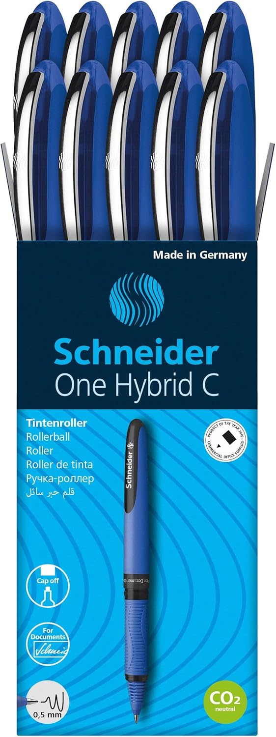 Schneider One Hybrid C Rollerball Pen - 0.5 mm Hybrid Conical Tip, Light Blue Barrel, Box of 10