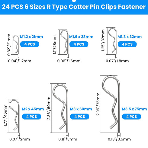 Cotter Pin Spring Fastener Assortment Kit, SDTC Tech 24 PCS R Clips Zinc Plated Steel Retaining Hair Pin