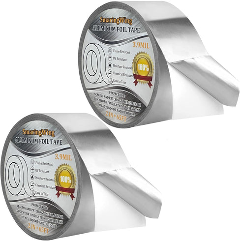2PCS Premium Aluminum Foil Tape, Silver Metal Duct Tapes (2" x65Feet,3.9mil) for High Temperature Heavy Duty Insulation