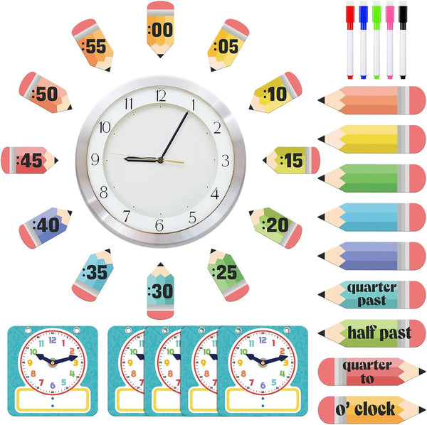 Yeaqee 31 Pcs Telling Time Bulletin Board, Analog Clock Practice with Dry Erase Pens for Home, Classroom