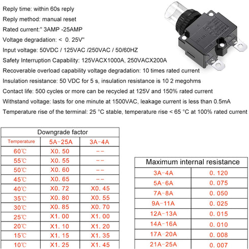 DIYhz Thermal Overload Circuit Breaker, 88 Series, 15A, 32V DC, 125/250VAC, 2 Pcs, Push Button Reset
