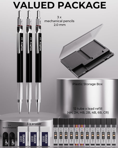 Nicpro 2mm Metal Mechanical Pencil Set with Case, 3PCS Lead Pencil Holder 2.0 mm with 144PCS Lead Refills (4H 2H HB 2B 4B 6B Color), Eraser, Sharpener for Drafting Writing Drawing Sketching by Nicpro