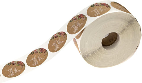 Brown Kraft Floral Thank You Stickers, 1000 Thanks Flowers Labels Roll, 1.5" Round