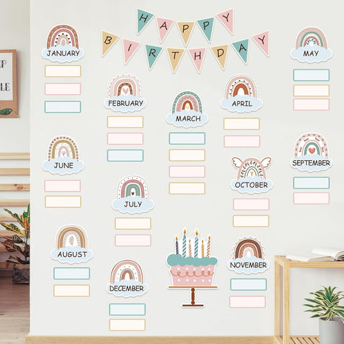 Boho Bulletin Board Decorations Set, Rainbow Birthday Chart Cutouts for School Bulletin Calendar