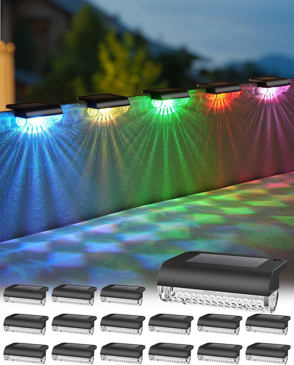 Herzila 16 Pack Solar Deck Step Lights Outdoor,Color Changing Solar Fence Lights