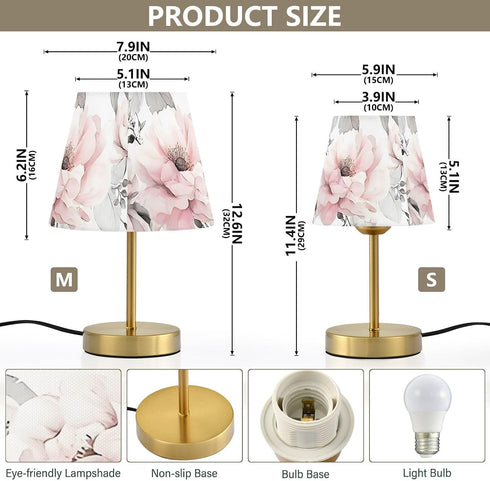 Dimmable ALAZA Table Lamp for Bedroom Nightstand Watercolor Pink Rose Flower Gray Leaves Bedside Lamp with USB Port