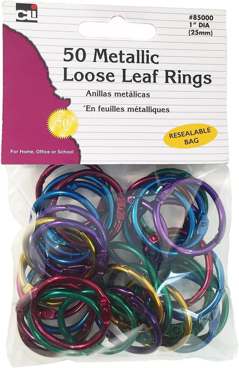 Charles Leonard Loose Leaf Rings, 1" Diameter, 50 per pack, Metallic Assorted Colors (85000)