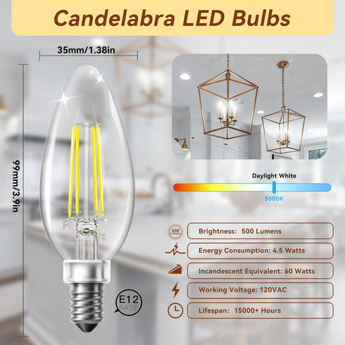 Bulbs Dimmable, 60W Bulbs, E12 4.5W 5000K B11 6 Pack TJOY LED Candelabra Equivalent Chandelier Light Small Base