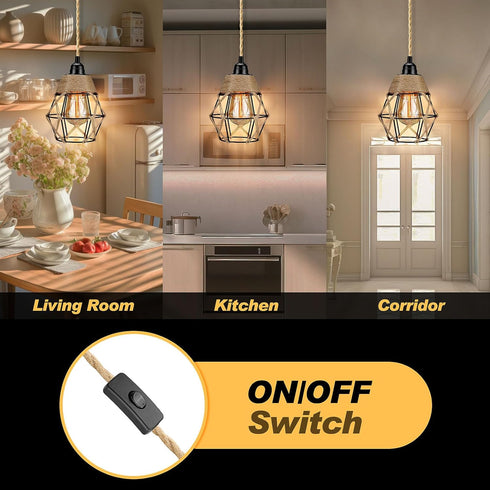 SoodMi Plug in Pendant Light, Industrial Hanging Light with Plug in Cord, Hemp Rope On/Off Switch Farmhouse Pendant