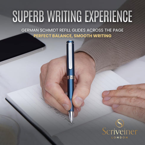 Scriveiner Blue Rollerball EDC Luxury Pen, Chrome Finish, Best Gift for Men & Women, German Schmidt Refill