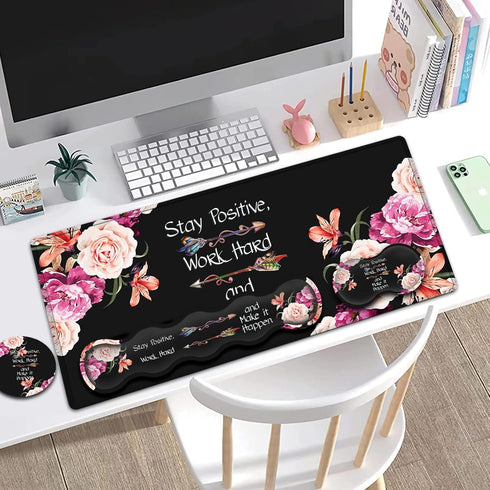 Peony Flower Inspirational Quotes Large Mouse Pad with Wrist Support Set, Ergonomic Mouse Wrist Pad +XXL Gaming Pad