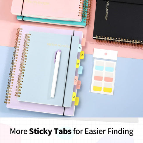 SUNEE Meeting Notebook with Sticky Tabs, 160 Pages A4 Size Project Planner for Note Taking and Office Organization
