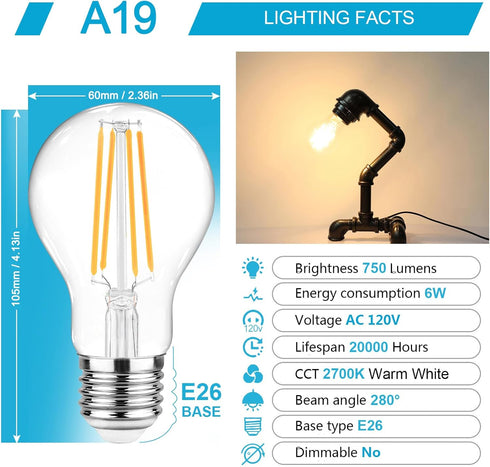 60 E26 Bulbs, 2700K, Non-Dimmable, A19 Bulb 80 Pack 12 Ascher Watt Equivalent, LED Filament Light Warm White Classic