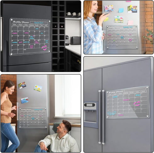 DIYMAG Magnetic Acrylic Dry Erase Calendar for Fridge, Clear Monthly Planner Menu with 3 Highlight Markers,