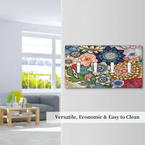 Boho Floral Bright 4 Gang Light Switch Cover: Quad Toggle Wall Plate Decorative Electrical Faceplate for Home