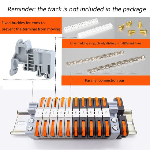 DIN Rail Terminal Blocks Kit with 20pcs Connectors, 2pcs Connection Bar, and Transparent Storage Box