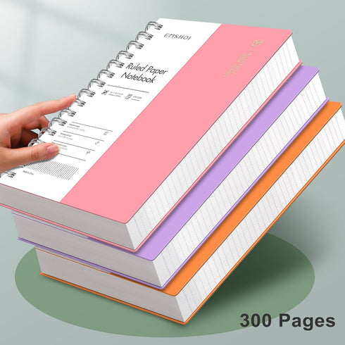 EMSHOI A5 Spiral Notebook, College Ruled, 300 Pages, 5.7" X 8.22", 100gsm Thick Paper, Waterproof Hardcover