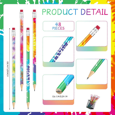 Tie Dye Pencils Solid Color Pencils Colorful Round Pencils Rainbow Color Pencils Wood Gradient Pencils with Eraser Top for Home Office School Classroom Sketching and Learning Activities (48 Pieces)