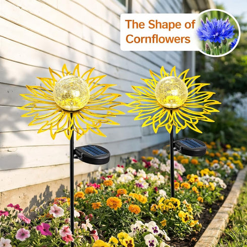 Solar Garden Lights Outdoor Decor, Metal Flower Stake Light with Warm White Crackle Glass Globe, Waterproof Decorative
