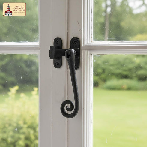 Hammered Mystic Colonial Medieval Cast Iron Monkey Tail Window Latch Fastener | Rustic Black Coated for Cottage