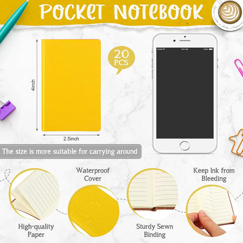 Yeaqee 20 Pack Leather Pocket Notebook Journals, 4" x 2.5", 50 Pages, Waterproof Soft Cover for School Office