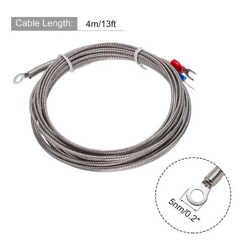 MECCANIXITY K Type Thermocouple Temperature Sensor PT100 5mm Ring High Temperature Probe 13ft Wire 0 to 600°C(32 to 1112°F) Stainless Steel