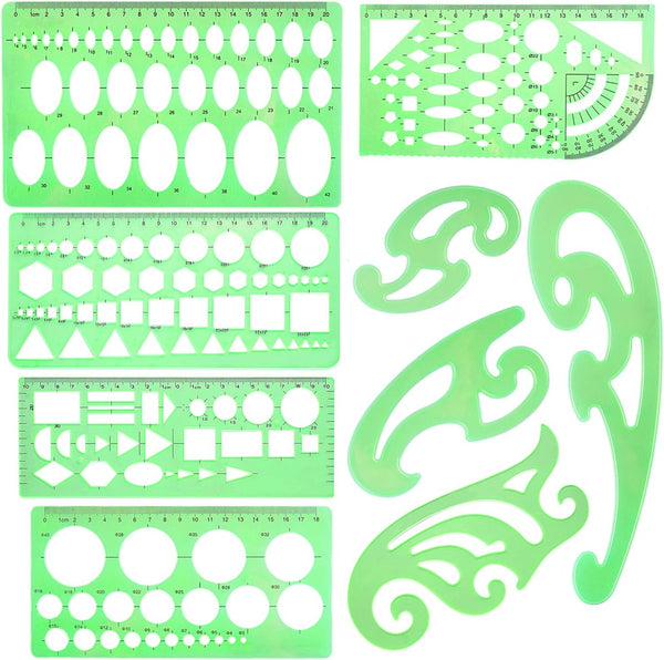 SIQUK 9 Pieces French Curve Drawings Templates, Clear Green Plastic Rulers for Engineering, Studying, and Designing