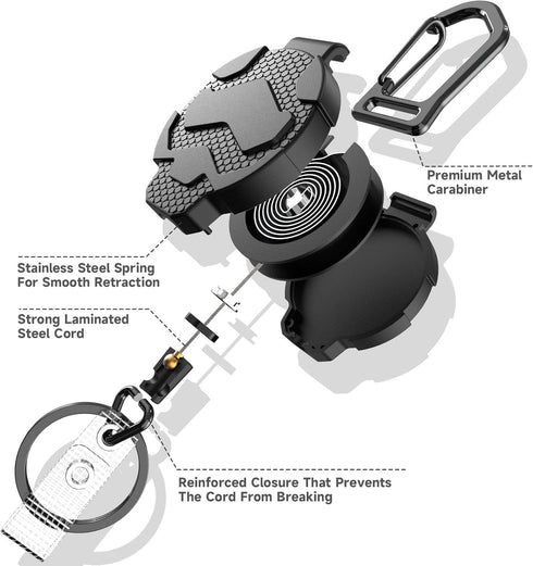 Retractable Keychain Badge Holder with Belt Clip, Heavy Duty Carabiner ID Badge Clip Reel, 32” Steel Cord, 1pcs Black
