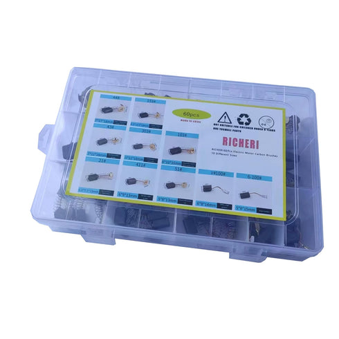 RICHERI 60 Pcs Electric Motor Carbon Brushes, 10 Different Sizes for Power Tool Replacement Repair