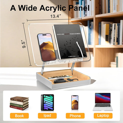 HUMANCOZY Counter, Book Stand with Storage, Book Holder for Reading Hands Free, Wooden Cookbook Stand for Kitchen