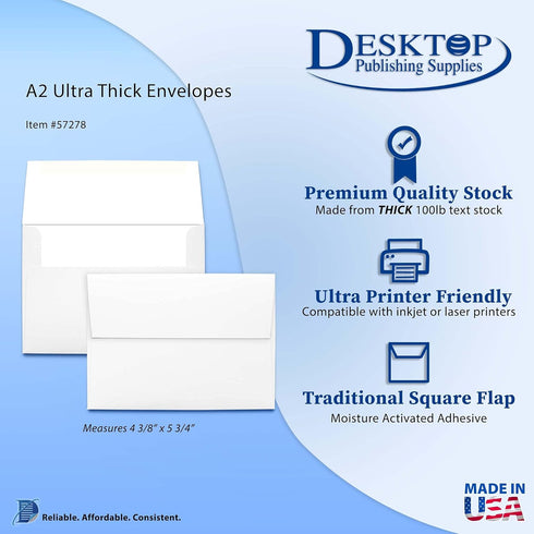 Ultra Thick White A2 Envelopes - Sturdy, Durable, Heavyweight Envelopes for Invitations & Greeting Cards (100 Envelopes) by Desktop Publishing Supplies