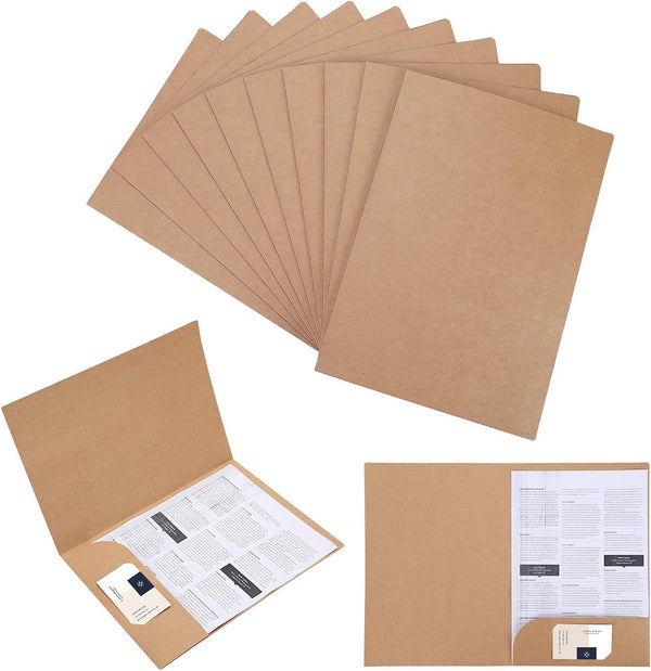 Kraft Paper Folders for A4 A5 Files, 10-Pack Black Pocket and Prong Document Folders for Office School Home