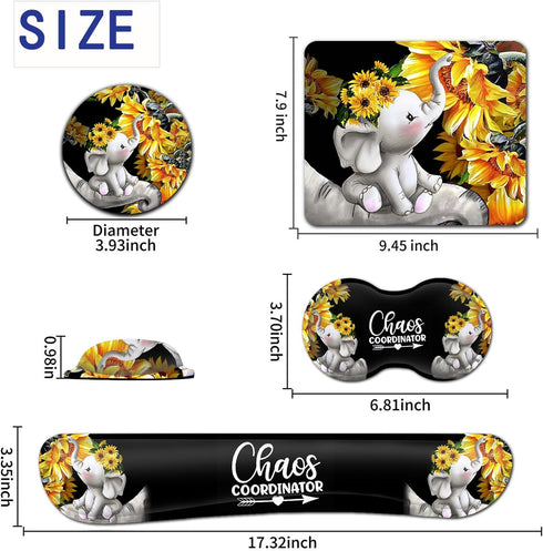 Mouse Pad, Premium Memory Foam Keyboard and Mouse Wrist Rest Pads Set for Office Easy Typing Games to Relieve Fatigue, Non-Slip Base Desktop Decoration Cute Cartoon Baby Elephants with Sunflower