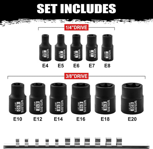 11PCS Female Torx Socket Set, E-Torx Socket Set with Rail,1/4" and 3/8" Drive, Female External Star Socket Set E4 - E20 Torque Socket Set by WIILDIS