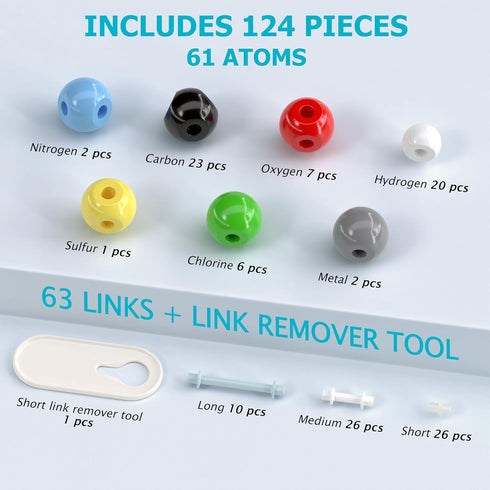 124 Set, Molecular Model Kit, Pcs Organic Molecular Chemistry Atom Element Model Kit for Lessons in Chemistry