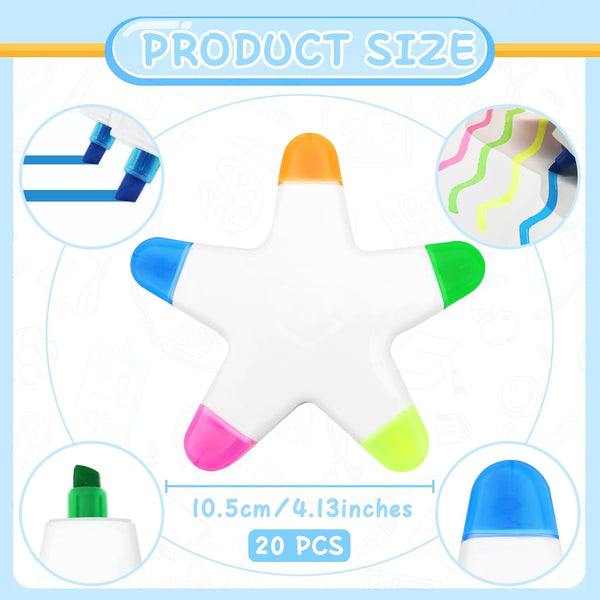 Star Highlighters, 20 PCS 5-In-1 Colorful Star Highlighters, Watercolor Multi Color Fluorescent Assorted for Kids