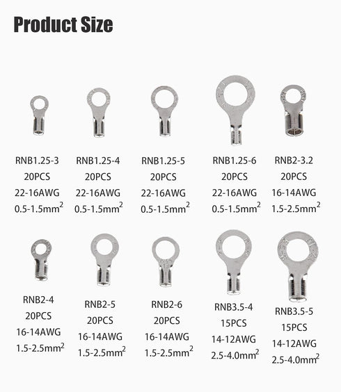 250pcs Non-Insulated Ring Terminals, Copper Connectors AWG22-16 Crimp Ring End Terminal for Electric Wire