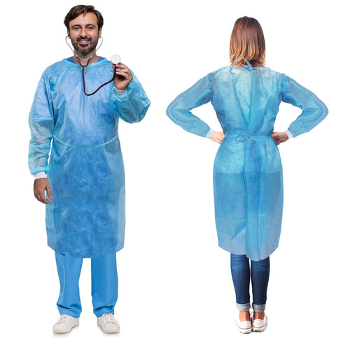 AMZ Medical Supply Disposable Isolation Gown, Large, 10 Pack of Blue Fluid Resistant Gowns