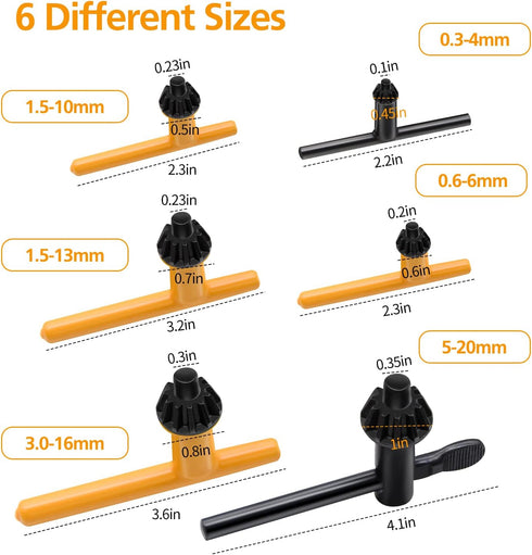 Drill Chuck Key Wrench, 6 Sizes Drill Press Chuck Key Replacement Drill Clamping Wrench Chuck Press Wrench Key for Electric Drill Clamping Tool of 4 mm, 6 mm, 10 mm, 13 mm, 16 mm, 20 mm in Diameter