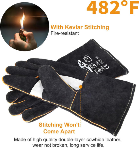 TOPDC 14 Inches Fire/Heat Resistant Leather Welding Gloves for Mig, Tig, Stick, BBQ, Grill, Oven