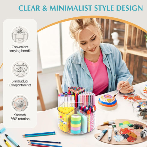 Large Acrylic Pen Holder for Desk, 6 Slots 360-Degree Rotating Marker Organizer for Kids, Caddy Art Supply