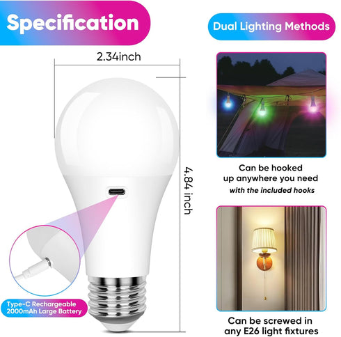 Yochoice 2-Pack A19 Bulbs 15 Dimmable Bulbs 3 Bulb Rechargeable Light with Remote, Colors Shift + Battery Operated