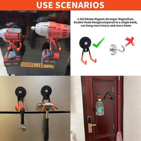 Extra Strong Magnetic Hooks for Heavy Duty Hanging - 2.6in Large Industrial Magnet Hooks with Anti-Slip Coating