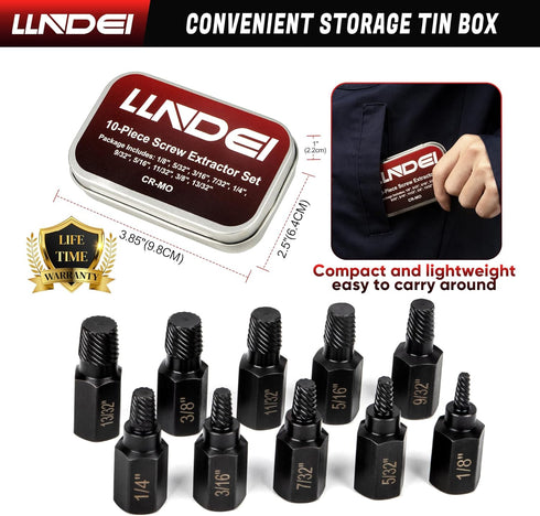 LLNDEI 10 Pieces Screw Extractor Set, Hex Head Easy Out Bolt Extractor, Multi-Spline Ez Out Stripped Fastener Tool