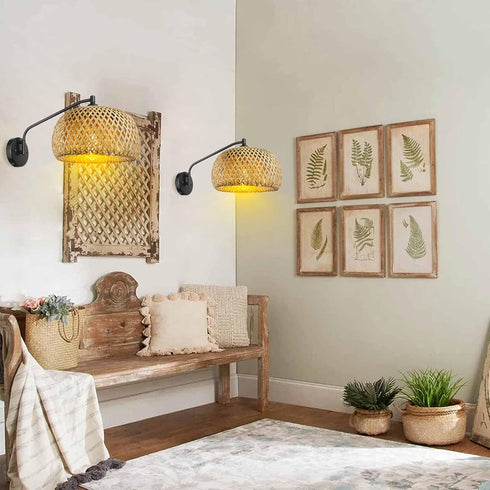 Natural Rattan Wall Sconce, Mini Bamboo Wall Light Fixture, Handmade Boho Rattan Light, Farmhouse Light Fixtures