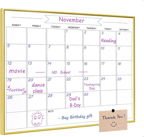 Dry Erase Monthly Calendar Whiteboard, 13"x 17" Gold Aluminum Frame, Magnetic White Board for Wall Office/School/Home, Hanging Board for Decoration/Kitchen Grocery List by Okydoky