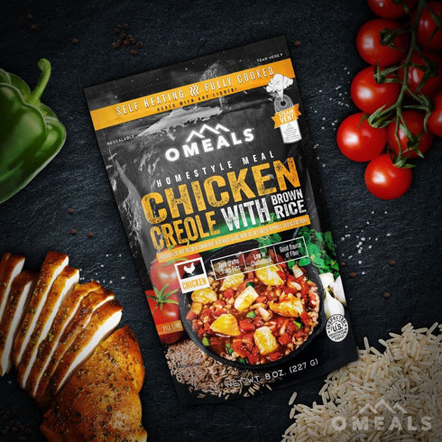 OMEALS Chicken Creole with Brown Rice-MRE-Extended Shelf Life-Fully Cooked w/Heater-Outdoor Enthusiast, Travelers