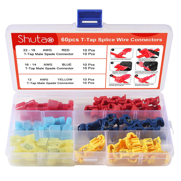 60 Pcs T-Tap Wire Connectors, Self-Stripping Quick Splice Electrical Terminals, Insulated Male Disconnect Kit